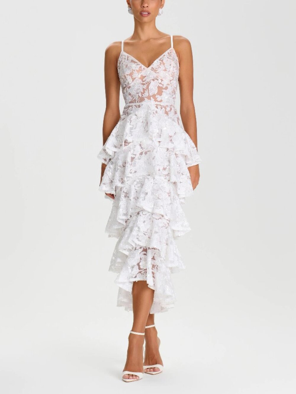 Nadine Merabi Saffron White Sequin Bridal Midi Dress Large US 10 NWT $575